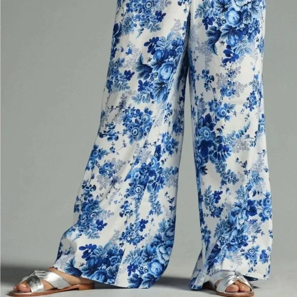 Maeve by Anthropologie White & Blue Floral Wide Leg Trousers, Size: 2 - Picture 3 of 5